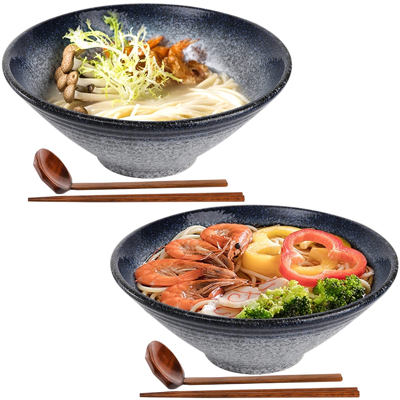Peohud 2 Pack Porcelain Ramen Bowls, 50oz Large Noodle Bowl with Wooden Chopsticks and Spoons, Japanese Bowl for Soup, Salad, Udon, Soba, Pho, Blue