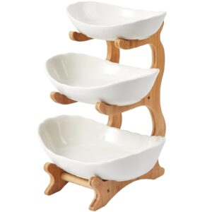 goyappin 3 tier ceramic fruit bowl, with bamboo wood stand, white kitchen fruit basket stand fruit serving tray set for vegetable storage, snack dessert cake candy tray plate holder