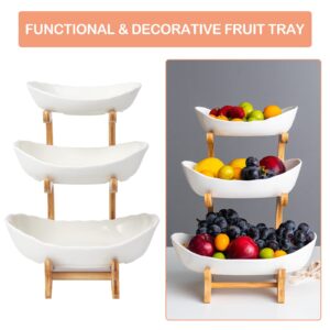 Goyappin 3 Tier Ceramic Fruit Bowl, with Bamboo Wood Stand, White Kitchen Fruit Basket Stand Fruit Serving Tray Set for Vegetable Storage, Snack Dessert Cake Candy Tray Plate Holder
