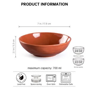 HENXFEN LEAD Ceramic Bowls Set of 4 for Salad, Cereal, Soup, Pasta - 7 Inch Stoneware Ramen, Noodles Bowls for Serving 24 Oz, Microwave & Oven, Dishwasher Safe, Scratch Resistant, Brown