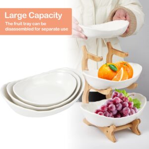 Goyappin 3 Tier Ceramic Fruit Bowl, with Bamboo Wood Stand, White Kitchen Fruit Basket Stand Fruit Serving Tray Set for Vegetable Storage, Snack Dessert Cake Candy Tray Plate Holder