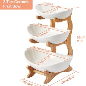 Goyappin 3 Tier Ceramic Fruit Bowl, with Bamboo Wood Stand, White Kitchen Fruit Basket Stand Fruit Serving Tray Set for Vegetable Storage, Snack Dessert Cake Candy Tray Plate Holder