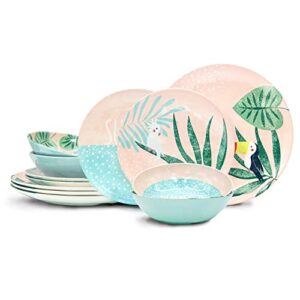 zak designs dinnerware sets for indoors and outdoors, 12 pieces melamine plastic plate and bowls for dinnertime with family (summer prints pink tropics)