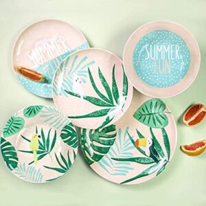 Zak Designs Dinnerware Sets for Indoors and Outdoors, 12 Pieces Melamine Plastic Plate and Bowls for Dinnertime with Family (Summer Prints Pink Tropics)