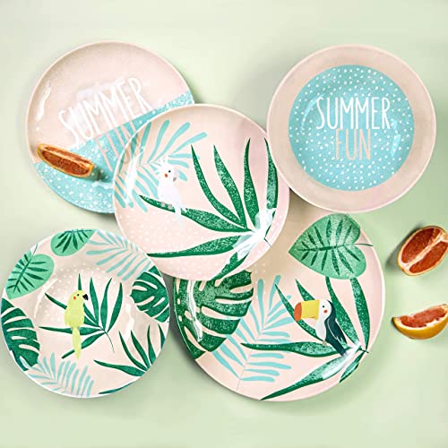 Zak Designs Dinnerware Sets for Indoors and Outdoors, 12 Pieces Melamine Plastic Plate and Bowls for Dinnertime with Family (Summer Prints Pink Tropics)