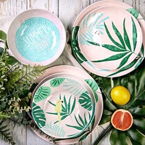 Zak Designs Dinnerware Sets for Indoors and Outdoors, 12 Pieces Melamine Plastic Plate and Bowls for Dinnertime with Family (Summer Prints Pink Tropics)