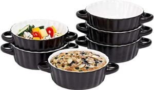 bruntmor ceramic soup bowls with double handles, 10 oz stacked bowls for french onion soup, cereal, pot pies, stew, chill, pasta, set of 6,black with white interior