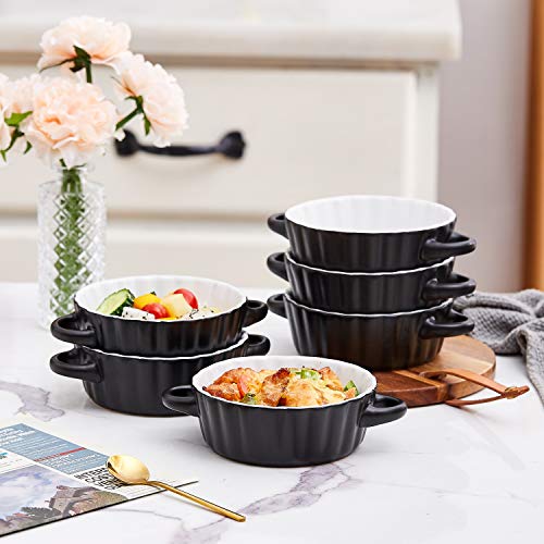 Bruntmor Ceramic Soup Bowls with Double Handles, 10 Oz Stacked Bowls for French Onion Soup, Cereal, Pot Pies, Stew, Chill, Pasta, Set of 6,Black with White Interior