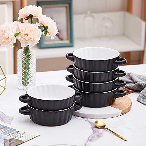 Bruntmor Ceramic Soup Bowls with Double Handles, 10 Oz Stacked Bowls for French Onion Soup, Cereal, Pot Pies, Stew, Chill, Pasta, Set of 6,Black with White Interior