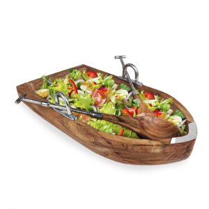 gute rowboat serving bowl with a pair of wood serving utensils, boat salad bowl approx. 16" l x 6" w x 5" h 50 fl. oz. capacity (wood with oars)
