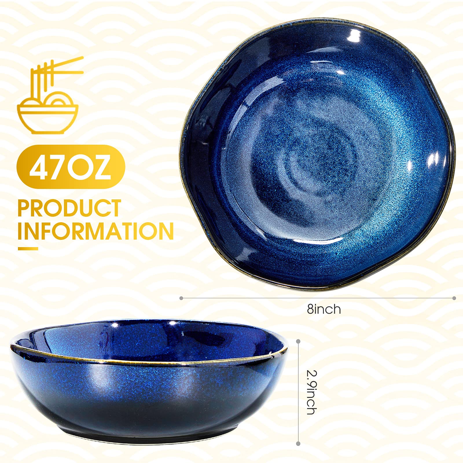 Patelai 2 Pieces 47 OZ Ceramic Salad Bowls Noodles Ramen Bowls Set Porcelain Large Serving Bowls Dishwasher Microwave Safe Cold Heat Resistant for Soup Pasta Rice Salad Dark and Light Blue Glazed