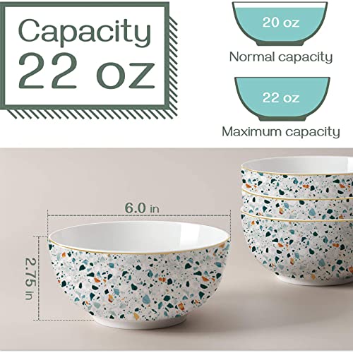 LEAZUL Ceramic Soup Bowls Cereal Bowl, 22 Ounce Bowls Set Chip Resistant Dishwasher & Microwave Safe Porcelain Bowls for Kitchen Terrazzo Marble Bowls for Cereal Soup Rice Pasta Salad Oatmeal Set of 4