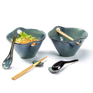 henten home 26 oz ramen bowls set, ceramic japanese noodle bowls set of 2, porcelain deep salad bowl with chopsticks for udon, reactive glaze, microwave safe (green)