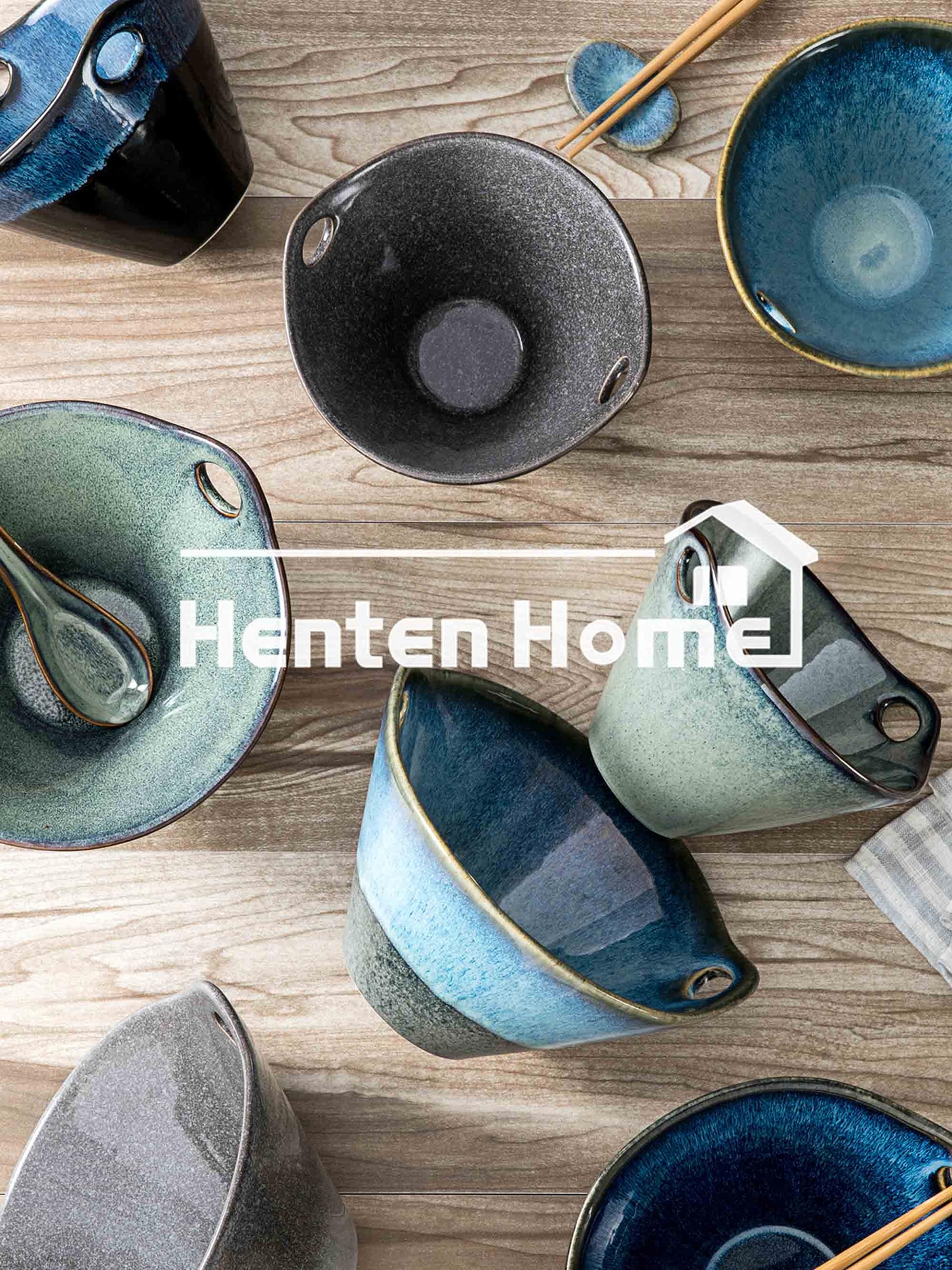 Henten Home 26 OZ Ramen Bowls Set, Ceramic Japanese Noodle Bowls Set of 2, Porcelain Deep Salad Bowl with Chopsticks for Udon, Reactive Glaze, Microwave Safe (Green)