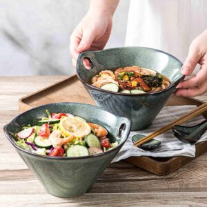 Henten Home 26 OZ Ramen Bowls Set, Ceramic Japanese Noodle Bowls Set of 2, Porcelain Deep Salad Bowl with Chopsticks for Udon, Reactive Glaze, Microwave Safe (Green)