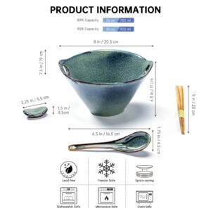 Henten Home 26 OZ Ramen Bowls Set, Ceramic Japanese Noodle Bowls Set of 2, Porcelain Deep Salad Bowl with Chopsticks for Udon, Reactive Glaze, Microwave Safe (Green)