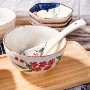 LMRLCS Japanese Style Snowflake Rice Bowl set of 4, Ceramic Rice Bowls for Rice Soup Oat (Red)