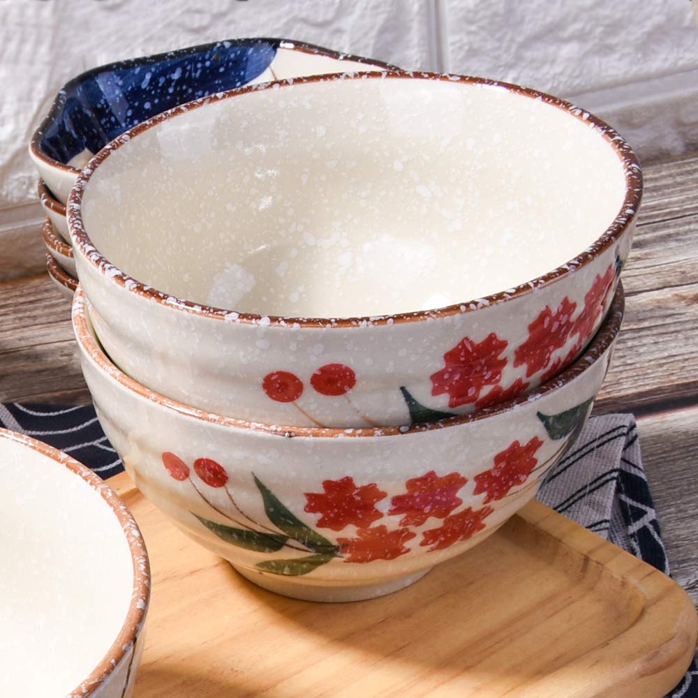 LMRLCS Japanese Style Snowflake Rice Bowl set of 4, Ceramic Rice Bowls for Rice Soup Oat (Red)