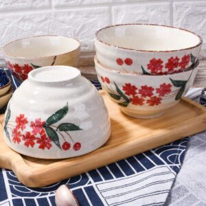 LMRLCS Japanese Style Snowflake Rice Bowl set of 4, Ceramic Rice Bowls for Rice Soup Oat (Red)