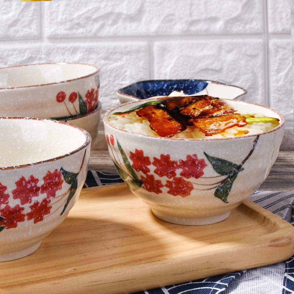 LMRLCS Japanese Style Snowflake Rice Bowl set of 4, Ceramic Rice Bowls for Rice Soup Oat (Red)