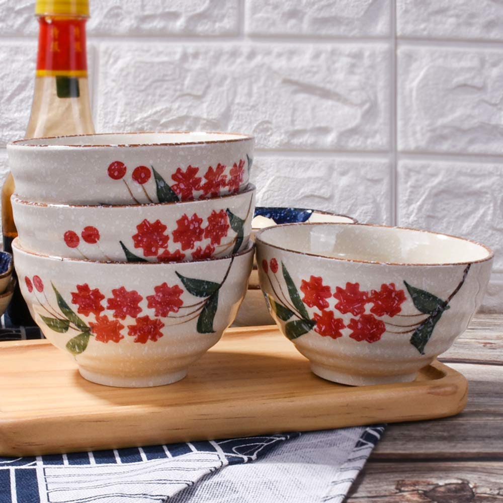 LMRLCS Japanese Style Snowflake Rice Bowl set of 4, Ceramic Rice Bowls for Rice Soup Oat (Red)