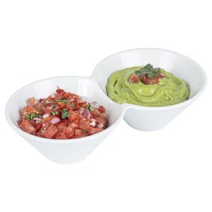 restaurantware 9.1 x 4.9 x 2.3 inch double dip bowls 1 microwave-safe condiment server - 2 compartments microwave-safe white porcelain dip tray dishwasher-safe for snacks relish condiments or toppings