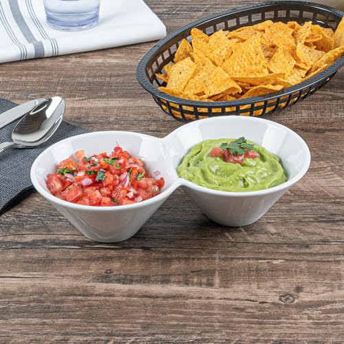 Restaurantware 9.1 x 4.9 x 2.3 Inch Double Dip Bowls 1 Microwave-Safe Condiment Server - 2 Compartments Microwave-Safe White Porcelain Dip Tray Dishwasher-safe For Snacks Relish Condiments Or Toppings