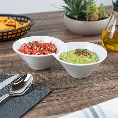 Restaurantware 9.1 x 4.9 x 2.3 Inch Double Dip Bowls 1 Microwave-Safe Condiment Server - 2 Compartments Microwave-Safe White Porcelain Dip Tray Dishwasher-safe For Snacks Relish Condiments Or Toppings