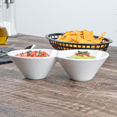 Restaurantware 9.1 x 4.9 x 2.3 Inch Double Dip Bowls 1 Microwave-Safe Condiment Server - 2 Compartments Microwave-Safe White Porcelain Dip Tray Dishwasher-safe For Snacks Relish Condiments Or Toppings