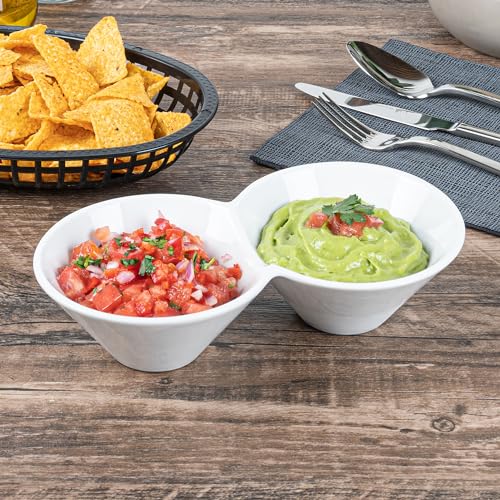 Restaurantware 9.1 x 4.9 x 2.3 Inch Double Dip Bowls 1 Microwave-Safe Condiment Server - 2 Compartments Microwave-Safe White Porcelain Dip Tray Dishwasher-safe For Snacks Relish Condiments Or Toppings