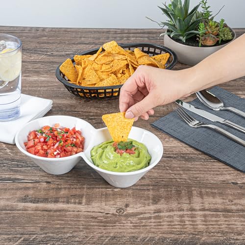 Restaurantware 9.1 x 4.9 x 2.3 Inch Double Dip Bowls 1 Microwave-Safe Condiment Server - 2 Compartments Microwave-Safe White Porcelain Dip Tray Dishwasher-safe For Snacks Relish Condiments Or Toppings