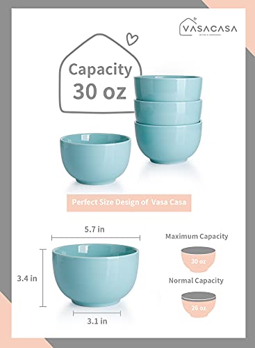 Vasa Casa Ultra-Deep 30 Ounces Soup Bowls, Large Cereal Bowls, Ceramic Serving Bowls Set for Kitchen, Rice, Pasta, Salad, Oatmeal and Noodle, Dishwasher & Microwave Safe, Set of 4, Turquoise