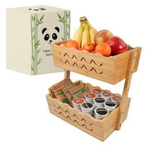 happy panda bamboo 2 tier bamboo fruit basket bowl kitchen countertop display wooden shelf organizer bread box stand holder multi purpose large storage capacity for vegetables & houshold accessories