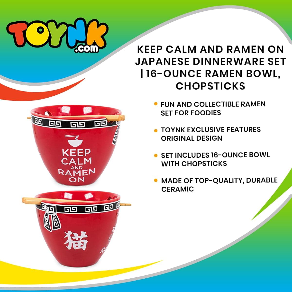 Boom Trendz Bowl Bop Keep Calm And Ramen On Japanese Dinner Set | 16-Ounce Bowl, Chopsticks