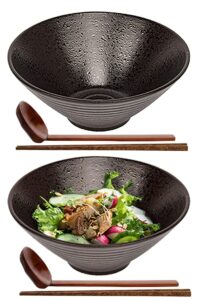 versainsect amic japanese ramen bowl set, soup bowls - 60 ounce, with matching spoons and chopsticks for udon soba pho asian noodles, set of 2, black