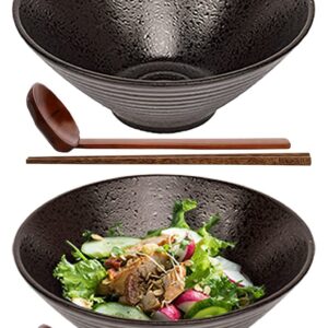 VERSAINSECT amic Japanese Ramen Bowl Set, Soup Bowls - 60 Ounce, with Matching Spoons and Chopsticks for Udon Soba Pho Asian Noodles, Set of 2, Black