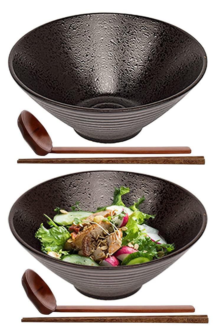 VERSAINSECT amic Japanese Ramen Bowl Set, Soup Bowls - 60 Ounce, with Matching Spoons and Chopsticks for Udon Soba Pho Asian Noodles, Set of 2, Black