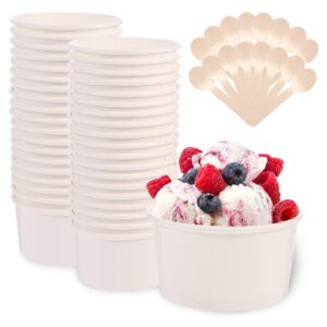 fhdusryo 50pcs ice cream cups, 8 oz paper ice cream bowls, white dessert bowls with 50 wooden spoons, snack bowls soups cups, party supplies treat cups for hot and cold food, frozen, yogurt