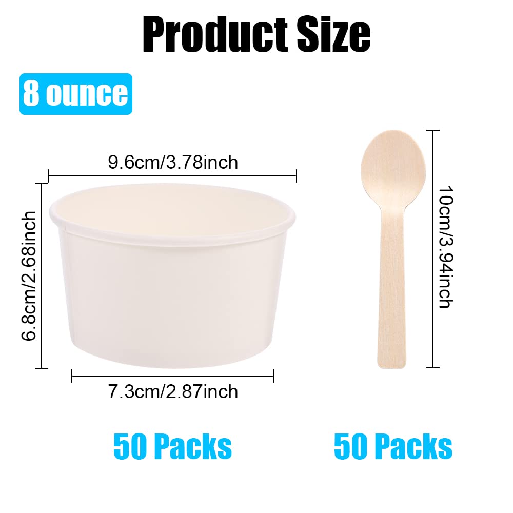 FHDUSRYO 50Pcs Ice Cream Cups, 8 oz Paper Ice Cream Bowls, White Dessert Bowls with 50 Wooden Spoons, Snack Bowls Soups Cups, Party Supplies Treat Cups for Hot and Cold Food, Frozen, Yogurt