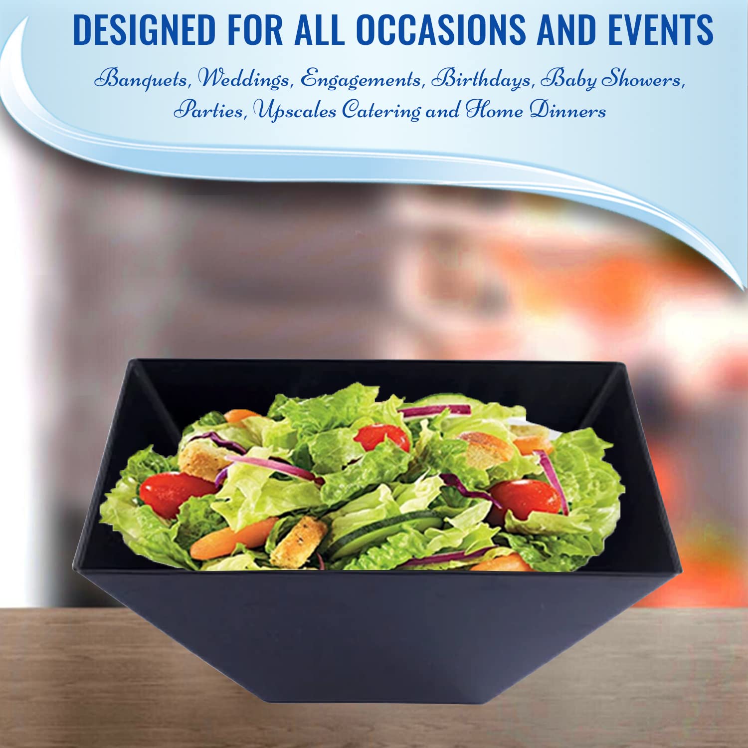 Disposable Plastic Serving Bowls, Salad Servingware, Pasta & Dessert Bowls for Birthday Party, Wedding & All Occasions, 24 pcs (3 qt Square Bowls, Black)