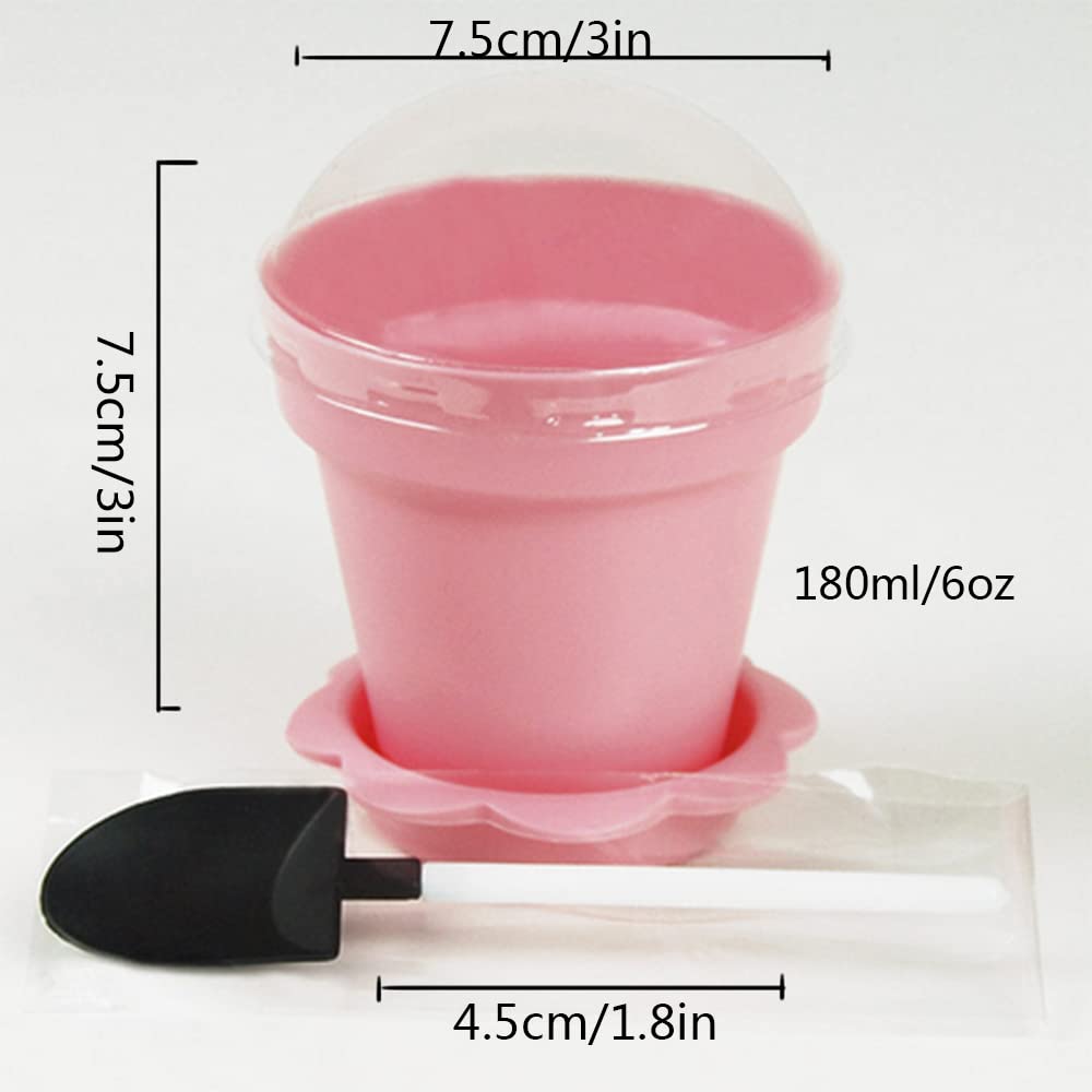 Qixivcom 50 Pack180ml Cute Creative Potted Dessert Cup 6oz Plastic Cake Cup with Lid and Spoon Snack Tasting Cup Suitable for Party Cold Drink Cup Jam, Dessert, Ice Cream Flower Pot Cups (Pink)