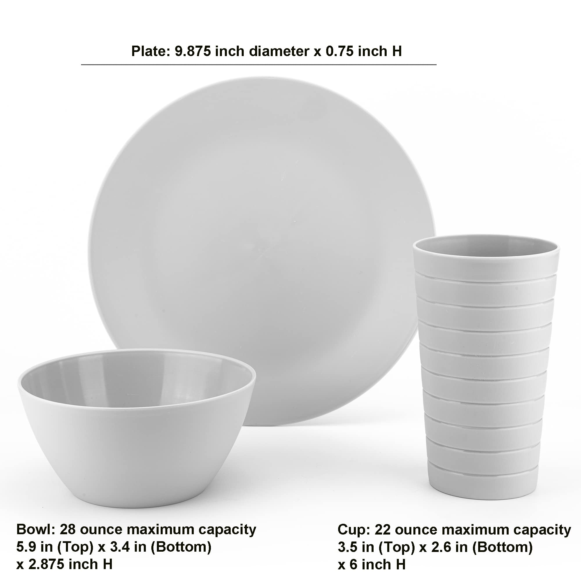 Plastic Dinnerware set, Unbreakable and Reusable Plastic Plate, Bowl and Tumbler | set of 18 Grey