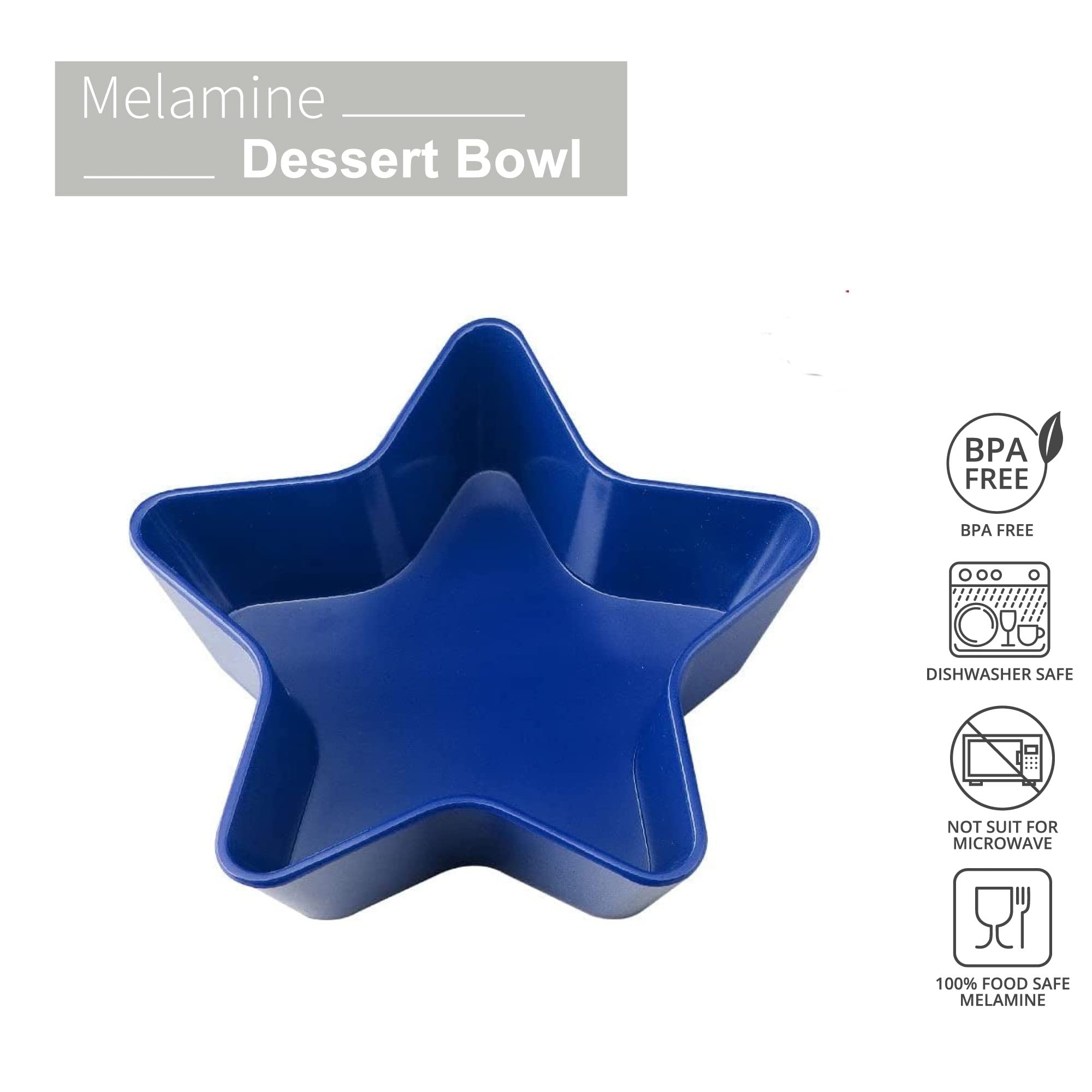 Supreme Housewares 4-Piece Patriotic Star Shaped Bowl Melamine Small Serving Bowl for Dessert, Snack, Ice Cream, Nuts or fruit, 5.5 Inch Dessert Bowl Set (Blue)