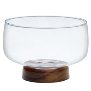 zjx0769 128.5 ounce large glass salad bowl with acacia wood pedestal, glass serving bowl, footed bowl for fruit or baked goods, crystal bowl