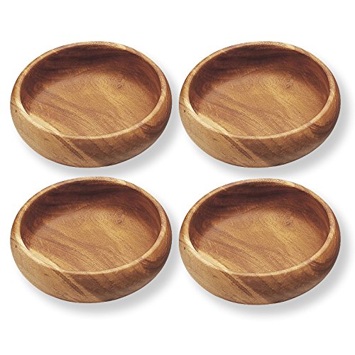 PACIFIC MERCHANTS Acaciaware Round Calabash Salad Bowls, 6-Inch by 2-inch Set of 4, Nut Bowl, Soup Bowl, Hand Turned From One Piece Of Wood, Eco-Friendly, Sustainably Harvested