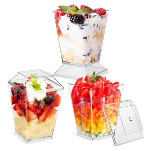 5.5oz Dessert Cups with Lids and Spoons,Plastic Clear Square Dessert Bowls Disposable Reusable Parfait Appetizer Cup-Set of 24