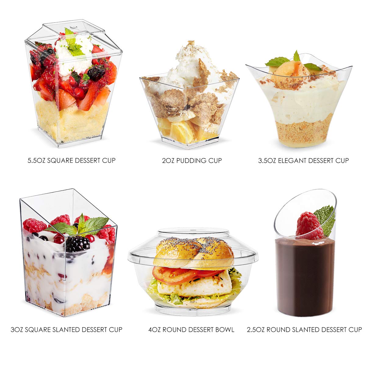 5.5oz Dessert Cups with Lids and Spoons,Plastic Clear Square Dessert Bowls Disposable Reusable Parfait Appetizer Cup-Set of 24