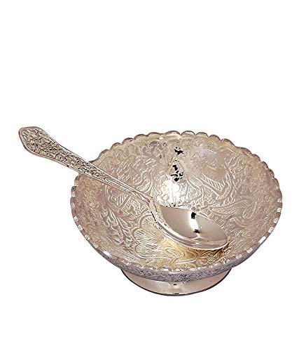 Rastogi Handicrafts Aluminium -Silver Plated Small Bowl Set with Spoon Size - 3.5 Inch Diameter Bowl, capacity -100 ml /3.38 OZ