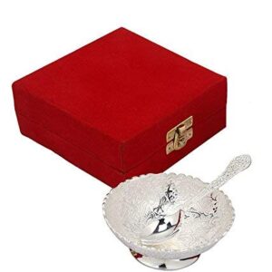 Rastogi Handicrafts Aluminium -Silver Plated Small Bowl Set with Spoon Size - 3.5 Inch Diameter Bowl, capacity -100 ml /3.38 OZ