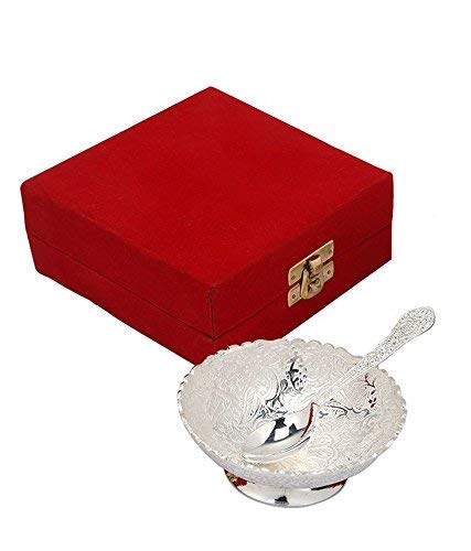 Rastogi Handicrafts Aluminium -Silver Plated Small Bowl Set with Spoon Size - 3.5 Inch Diameter Bowl, capacity -100 ml /3.38 OZ